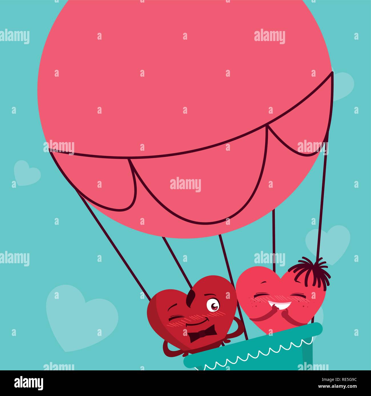 hearts couple flying in balloon air hot vector illustration design ...