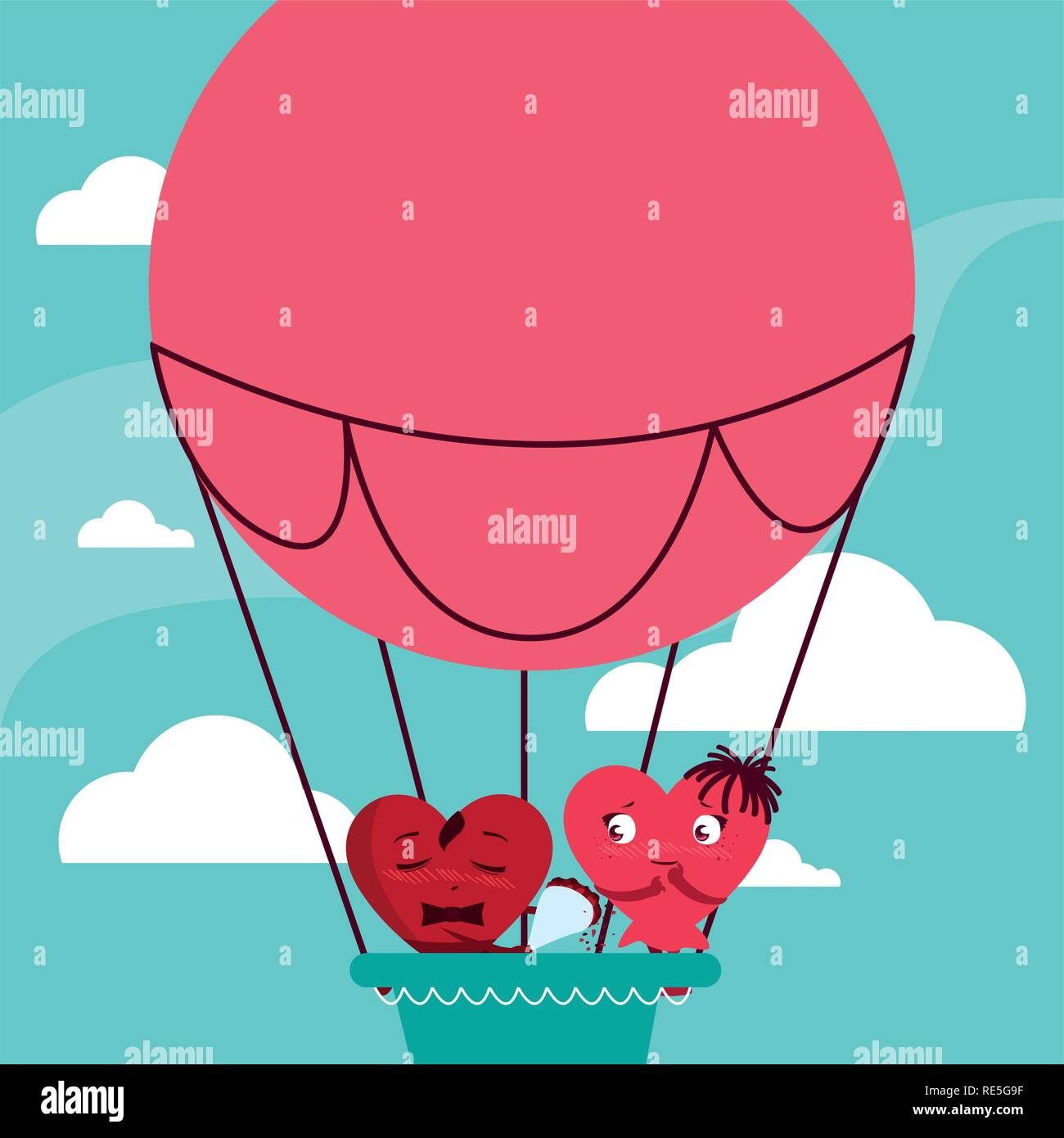 hearts couple flying in balloon air hot vector illustration design ...