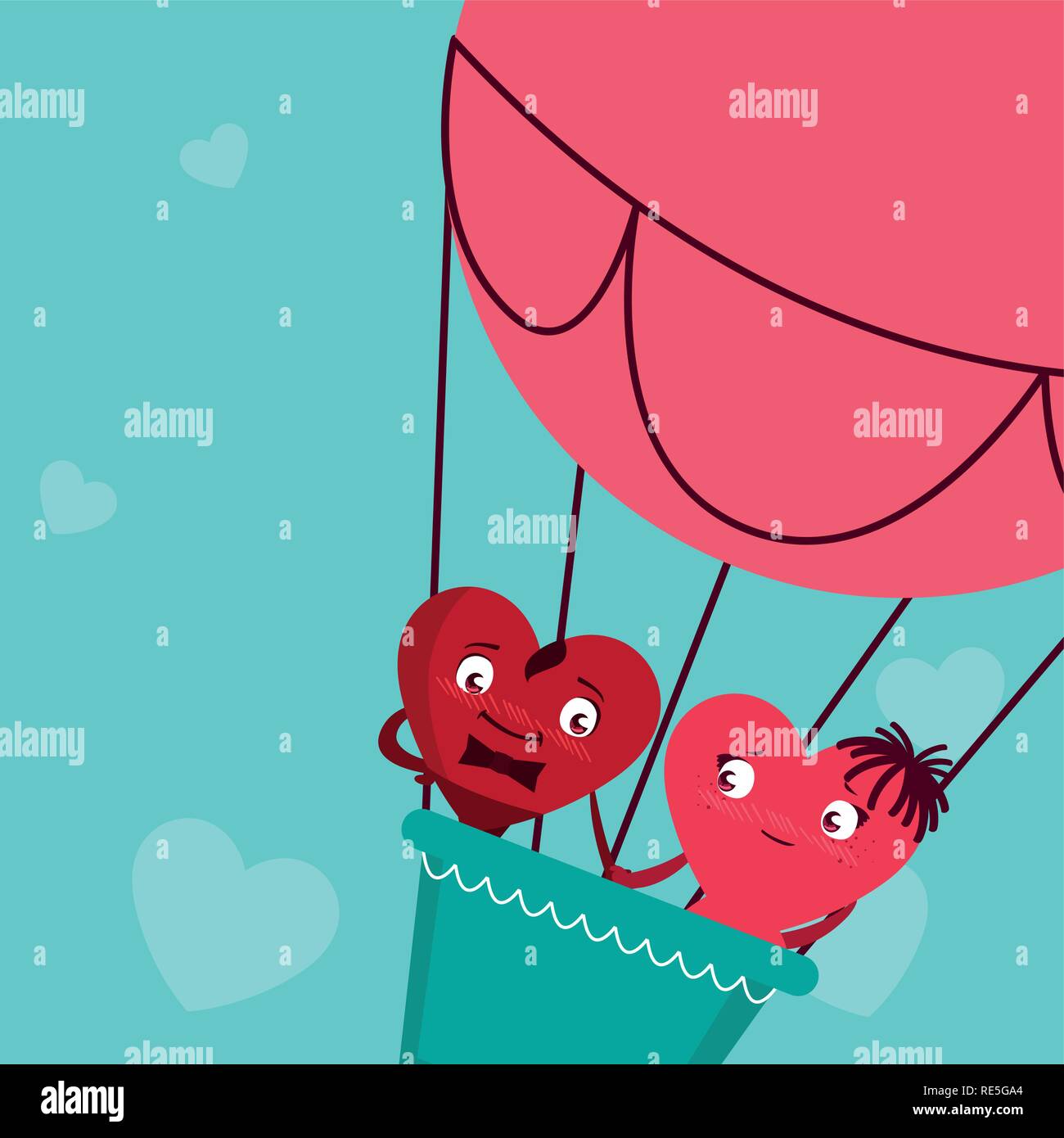 hearts couple flying in balloon air hot vector illustration design ...
