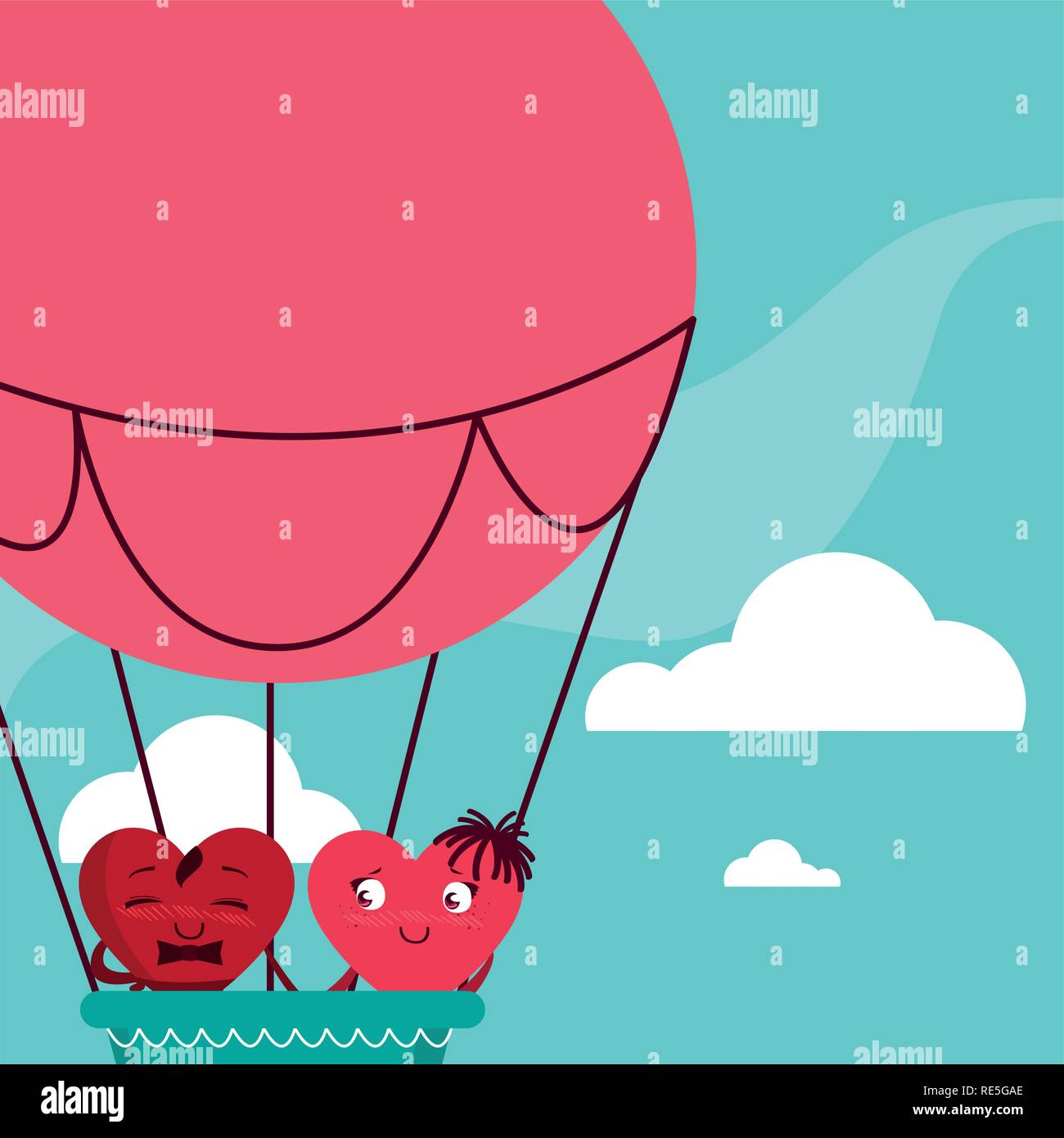 hearts couple flying in balloon air hot vector illustration design ...
