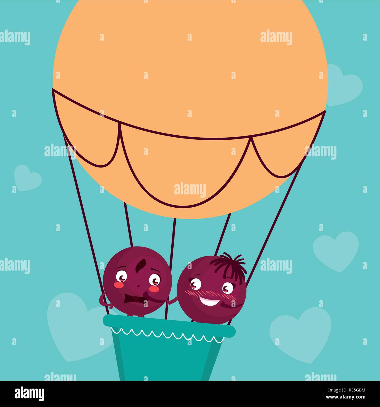 happy couple flying in balloon air hot vector illustration design Stock ...