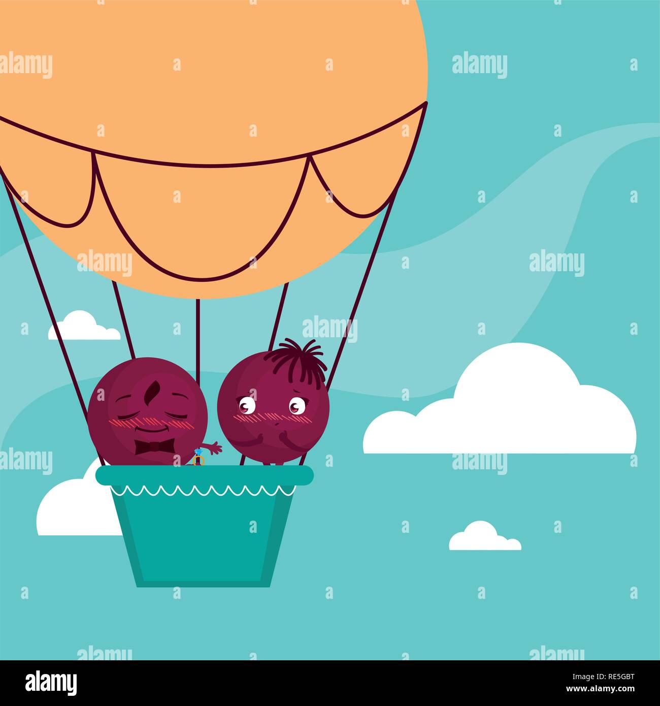 happy couple flying in balloon air hot vector illustration design Stock ...