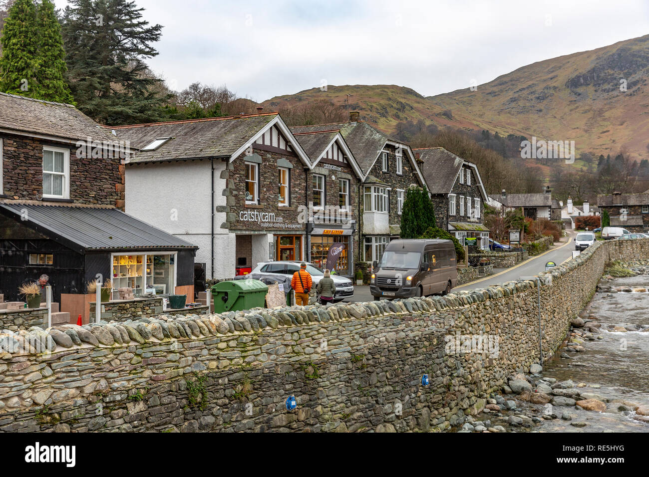 Houses and shops in Glenridding village centre, Ullswater,Lake District. Glenridding was damaged by storm desmond in 2015,Cumbria,England Stock Photo