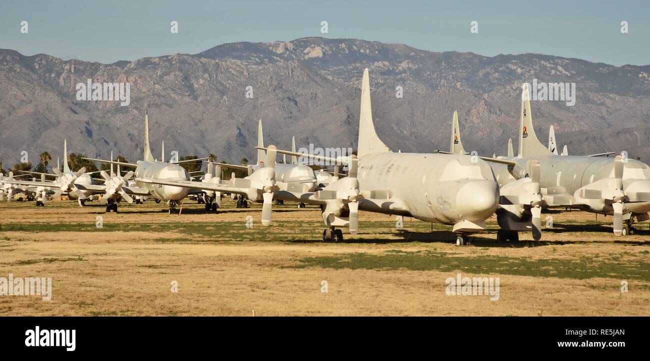 A fleet of P-3 surveillance planes in long-term storage at the Air Force Boneyard at Davis-Monthan, operated by the AMARG Stock Photo