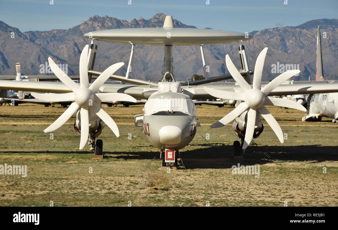 An E-2C Hawkeye plane in long-term storage at the Air Force Boneyard at Davis-Monthan, operated by the AMARG Stock Photo