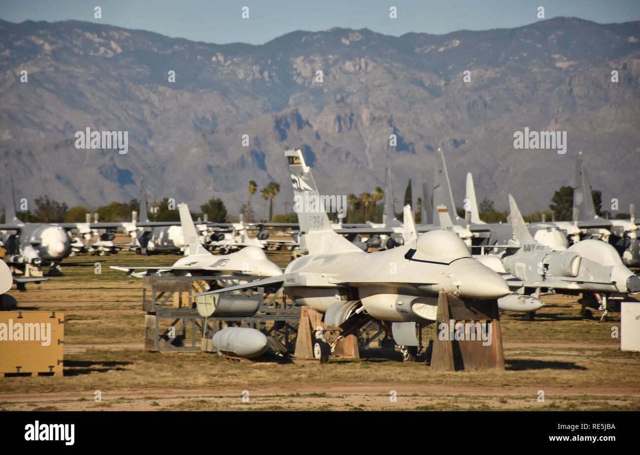 A fleet of fighter jets in long-term storage at the Air Force Boneyard at Davis-Monthan, operated by the AMARG Stock Photo