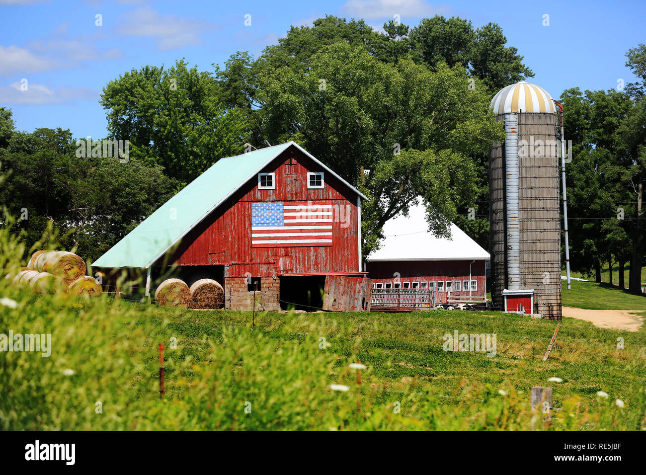 Rural Wisconsin Farm with American Flag Stock Photo Alamy