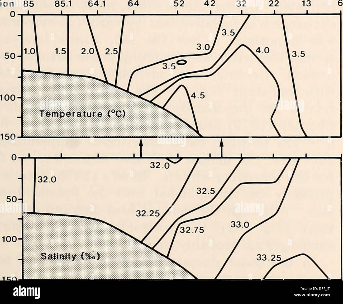 . The Eastern Bering Sea Shelf : oceanography and resources / edited by Donald W. Hood and John A. Calder. Oceanography Bering Sea.. Hydrographic structure 43 and therefore denser) water from the oceanic domain intrudes beneath cooler and fresher shelf water, thus maintaining stratification. Elsewhere, low-salinity water from melting ice may stratify water that was well mixed during autumn and winter (by wind stirring and surface cooling). A cross section taken from southeast of the Pribilofs toward Cape Newenham in February 1978 (Fig. 4-9) illustrated intrusion of the basin water. Between the Stock Photo