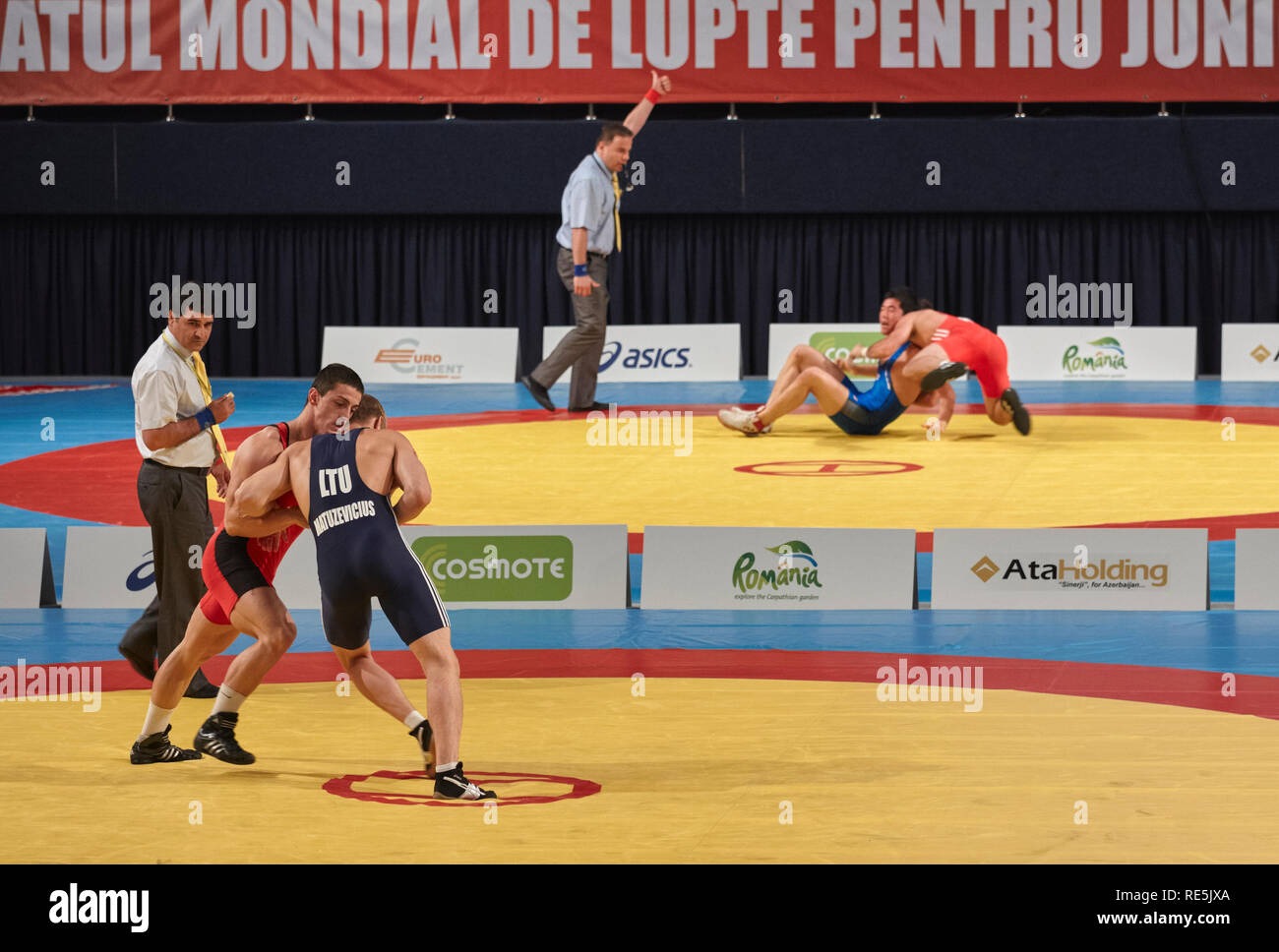 Bucharest, Romania July 27, 2011 GrecoRoman wrestlers fight to win