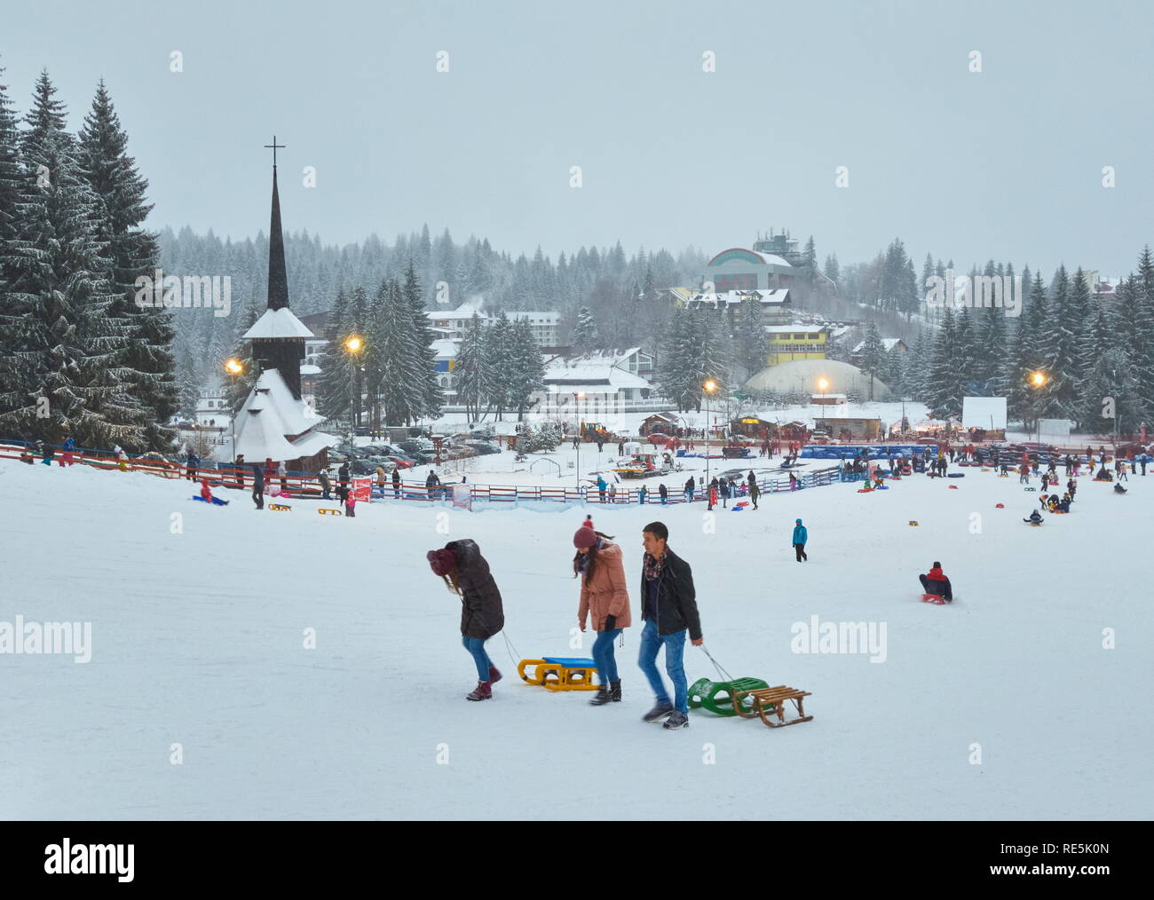 Poiana Brasov, Romania December 26, 2018 Crowds of people come to