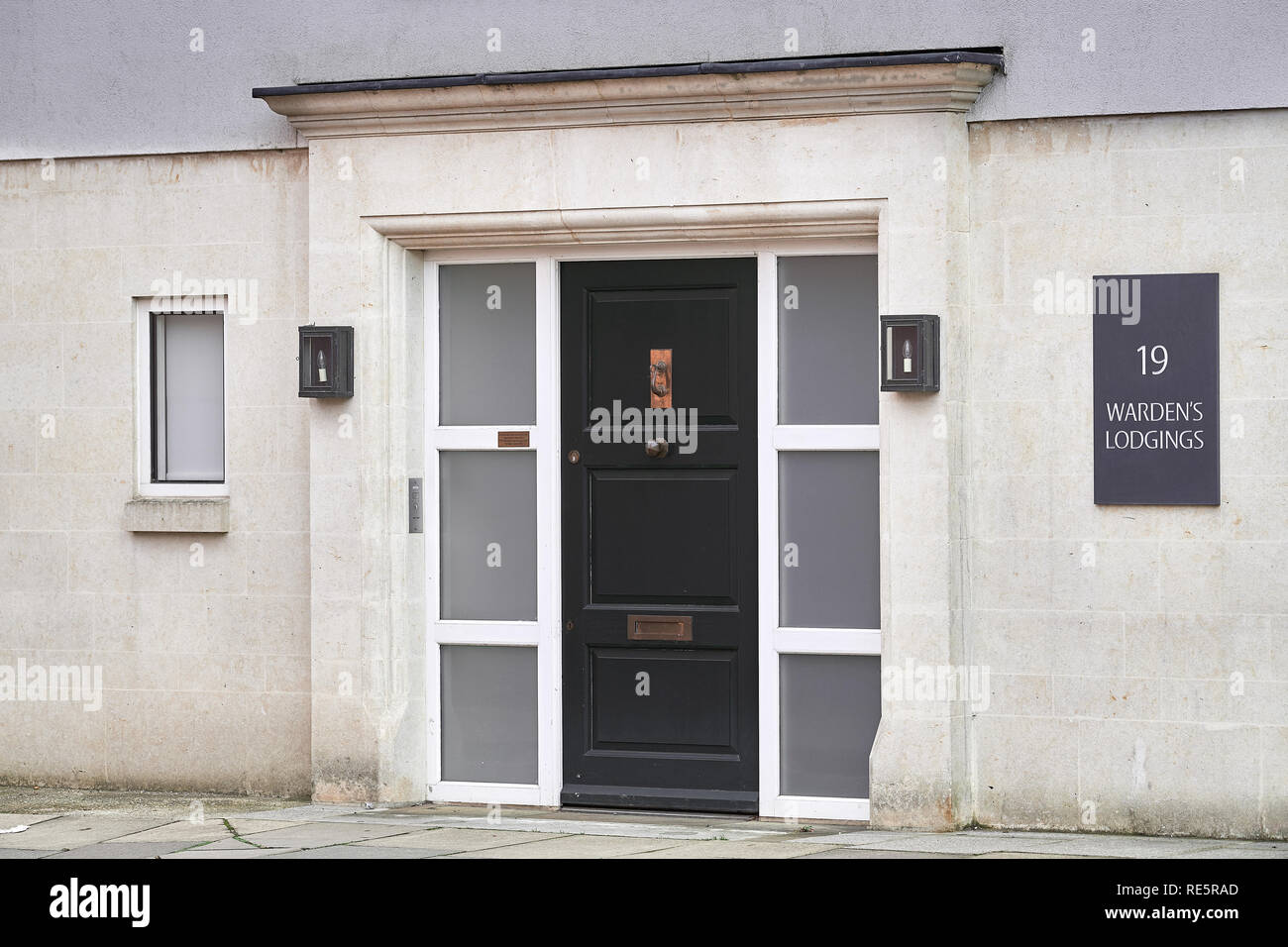 At number 19 Merton street, the black door and entrance to the Warden's lodgings of Merton college, university of Oxford, England. Stock Photo