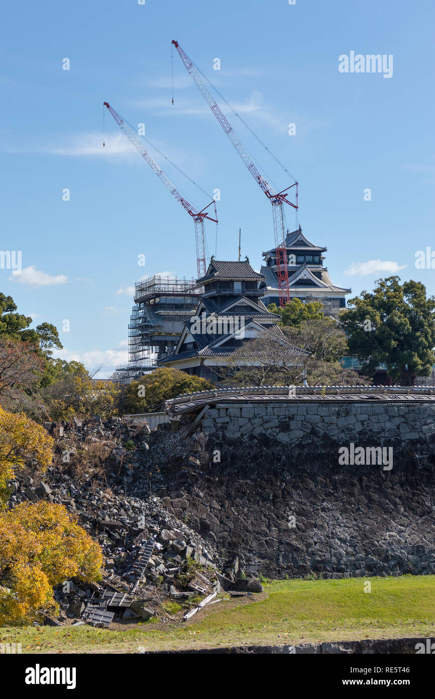 Kumamoto, Japan - November 14, 2018: Restoration and reconstruction of Kumamoto Castle after the earthquake in 2016 Stock Photo