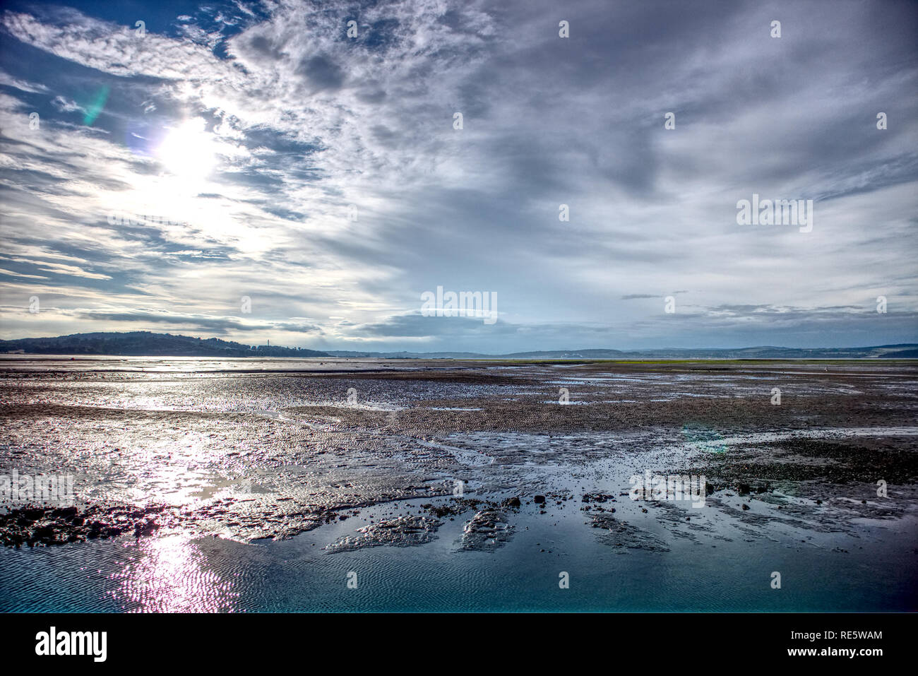 A beautiful shot of the Firth of Forth river at low tide taken from Cramond Island, close to Edinburgh in Scotland, United Kingdom. Stock Photo
