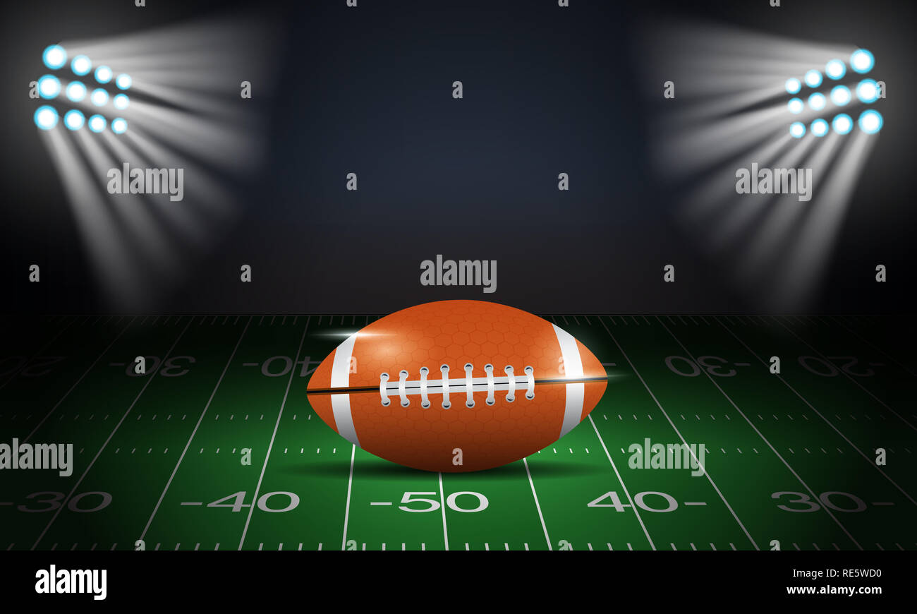 Background American football arena field with bright stadium lights
