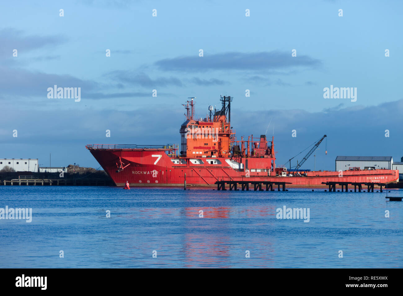 Edinburgh, Scotland / United Kingdom - January 1 2019: A Subsea 7 Oil ship is docked at the Edinburgh harbour of Leith for servicing. Stock Photo