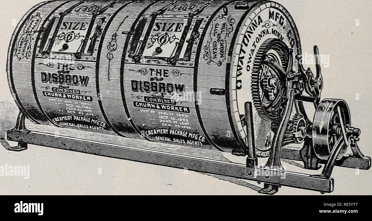 . Creamery, cheese factory dairy and milk dealers' apparatus and supplies. (%&amp; Creamery Package Manufacturing Company. THE COMBINED CHURN AND WORKER. SIZES 5, 6 AND 7 HAVE DOUBLE DOORS. protected from dirt, flies, and foul odors. A year's time always makes a change in the &quot;profit and loss&quot; account of a creamery, that opens the eyes of the manager and board of directors. The Disbrow has been a maker of prize-winning butter from the begin- ning. A long list of prizes at National and State Conventions testify to its superiority as a practical butter-making machine. Among the more n Stock Photo