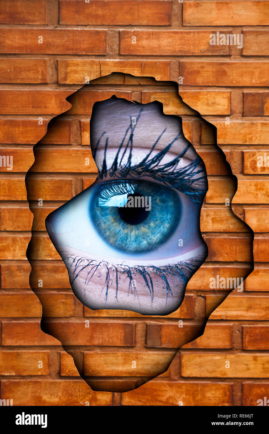 blue eye spying from behind a hole in the wall Stock Photo