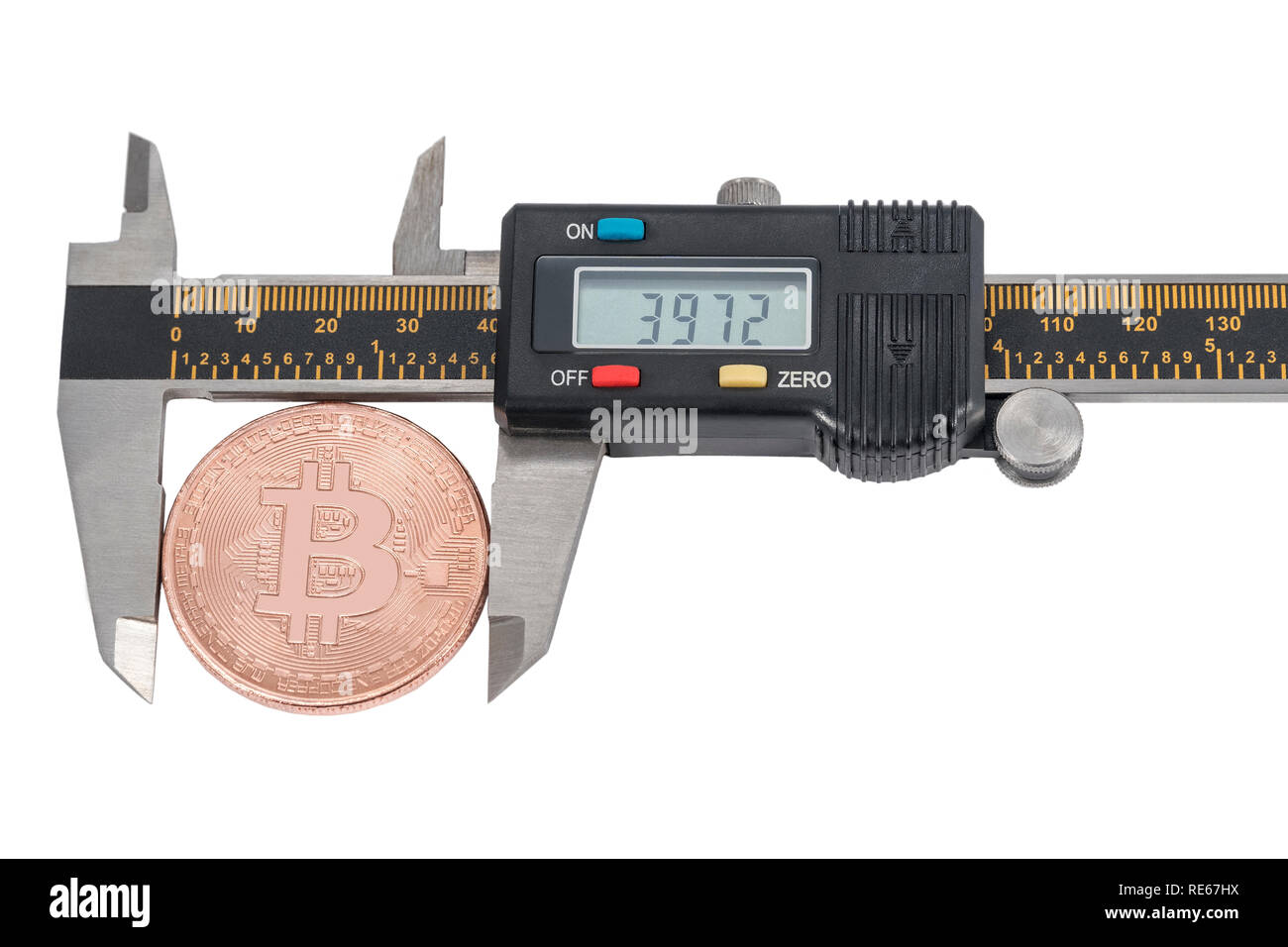 using a caliper to measure the price of bitcoin, isolated on white background Stock Photo