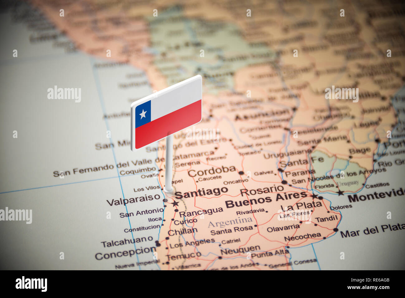 Chile marked with a flag on the map Stock Photo
