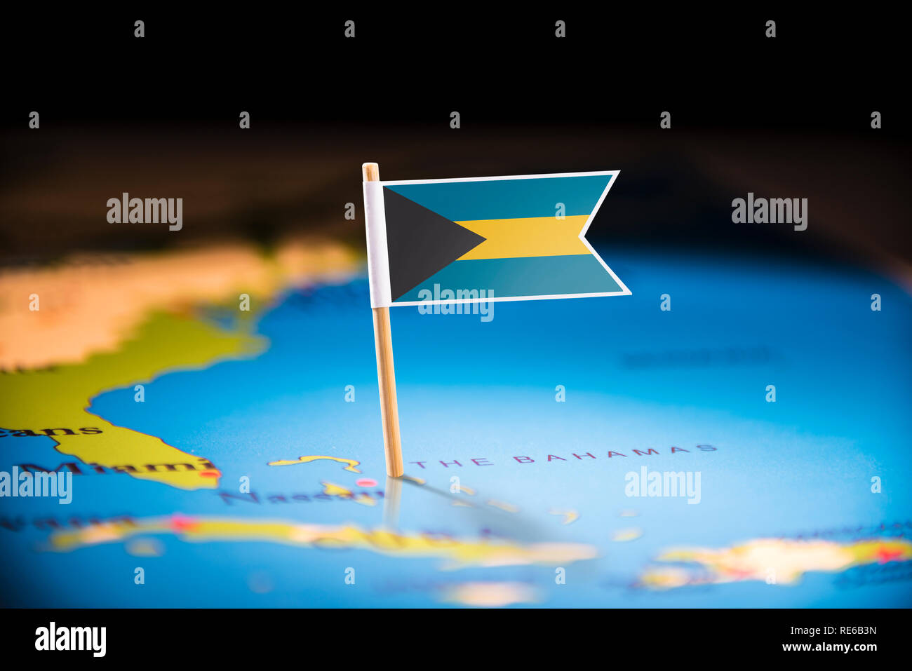 Bahamas marked with a flag on the map Stock Photo
