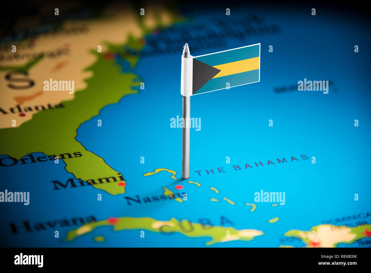 Bahamas marked with a flag on the map Stock Photo