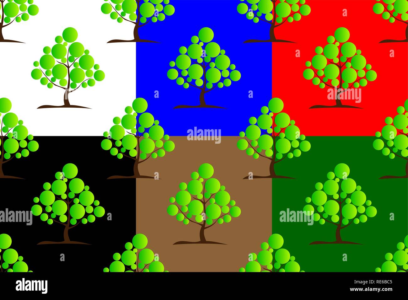 Deciduous green tree seamless pattern, Tree (white, black, red, blue, brown, green) background set, Stock Vector