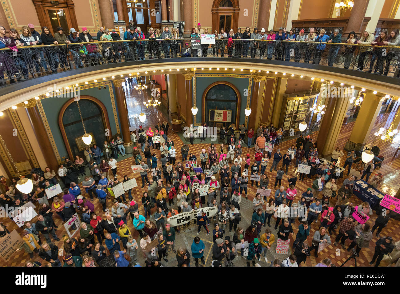 Des Moines, Iowa, USA. 19th January, 2019. Because of severe weather and extreme cold the 3rd annual Women’s March was held inside the state capitol in Des Moines on Saturday. Several hundred people participated in the event. Credit: Keith Turrill/Alamy Live News Credit: Keith Turrill/Alamy Live News Stock Photo