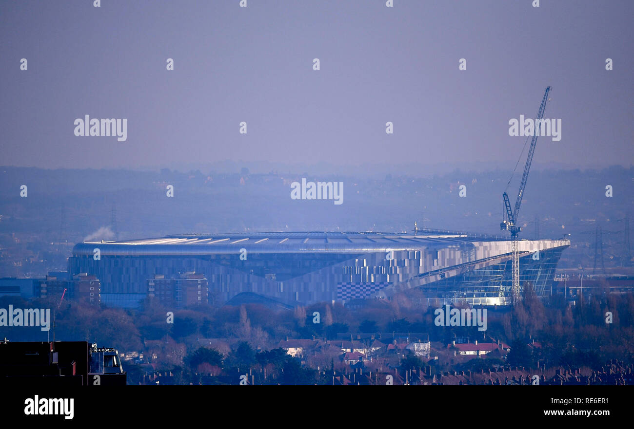 London, UK. 20thJanuary 2019, Tottenham, London, UK. The new Tottenham Hotspur Premier league stadium, nearing completion after many building delays, Seen from Alexandra Palace skyline Credit: Action Plus Sports Images/Alamy Live News Stock Photo