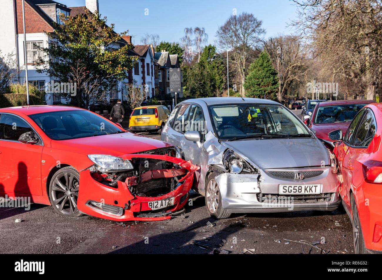 Northampton, UK. , 20th January 2019. 5 cars damaged in crash on Park
