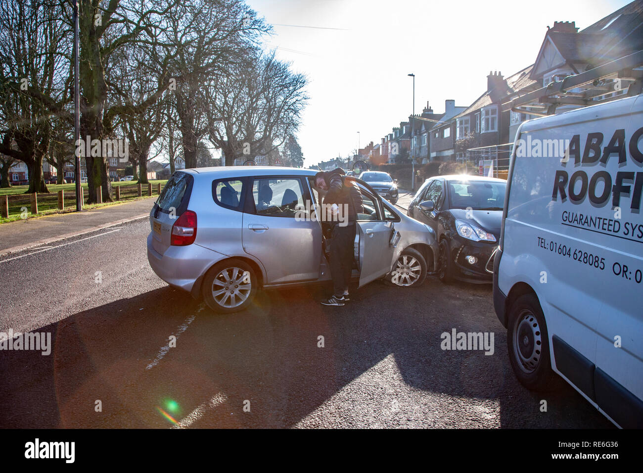 Northampton, UK. , 20th January 2019. 5 cars damaged in crash on Park