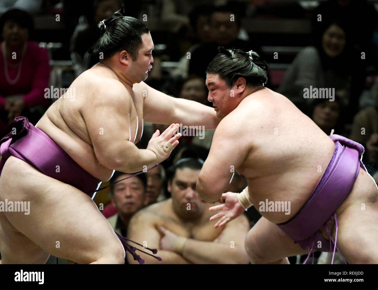 Tokyo Japan th Jan 19 Sumo Wrestlers Eft Asanoyama And Yoshikaze Gripple During The Tokyo Grand Sumo Tournament At Ryogoku Kokugikan On Sunday January 19 Photo By Ramiro Agustin Vargas Tabares