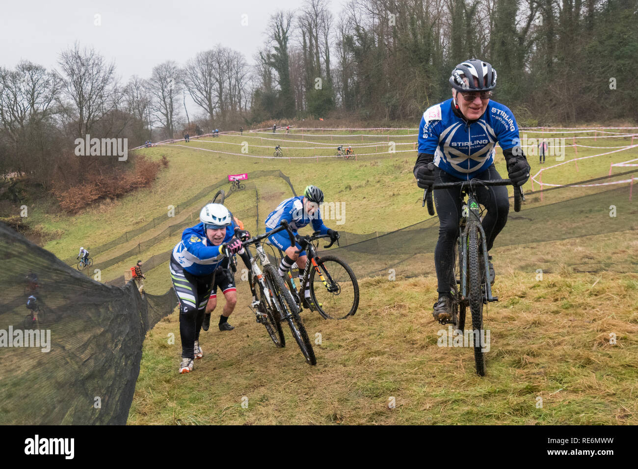 Rouken Glen Park, Giffnock, UK. 20 January 2019:  the hill climbs beginning to take their toll on competitors in the multi lap Rouken Glen Cyclocross B race at Rouken Glen Park, Giffnock, Glasgow, in the closing event of the Super Quaich Series of races Credit: Kay Roxby/Alamy Live News Stock Photo