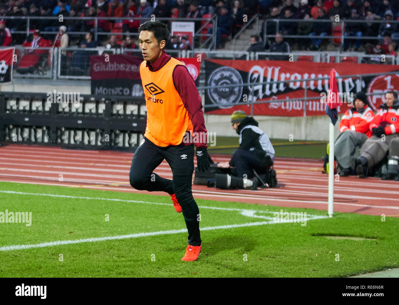 Nuremberg, Germany. 20th Jan, 2019. Yuya KUBO, FCN 14 Spare Bank, Player Bank, Reserve, Coach Bank, japanese player, Japan, Gymnastics, stretching, warming up, warm-up, preparation for the game,  1.FC NUEREMBERG - HERTHA BSC BERLIN 1-3  - DFL REGULATIONS PROHIBIT ANY USE OF PHOTOGRAPHS as IMAGE SEQUENCES and/or QUASI-VIDEO -  1.German Soccer League in Nuremberg, Germany, January 20, 2019  Season 2018/2019, matchday 18, Nürnberg,  Credit: Peter Schatz/Alamy Live News Stock Photo
