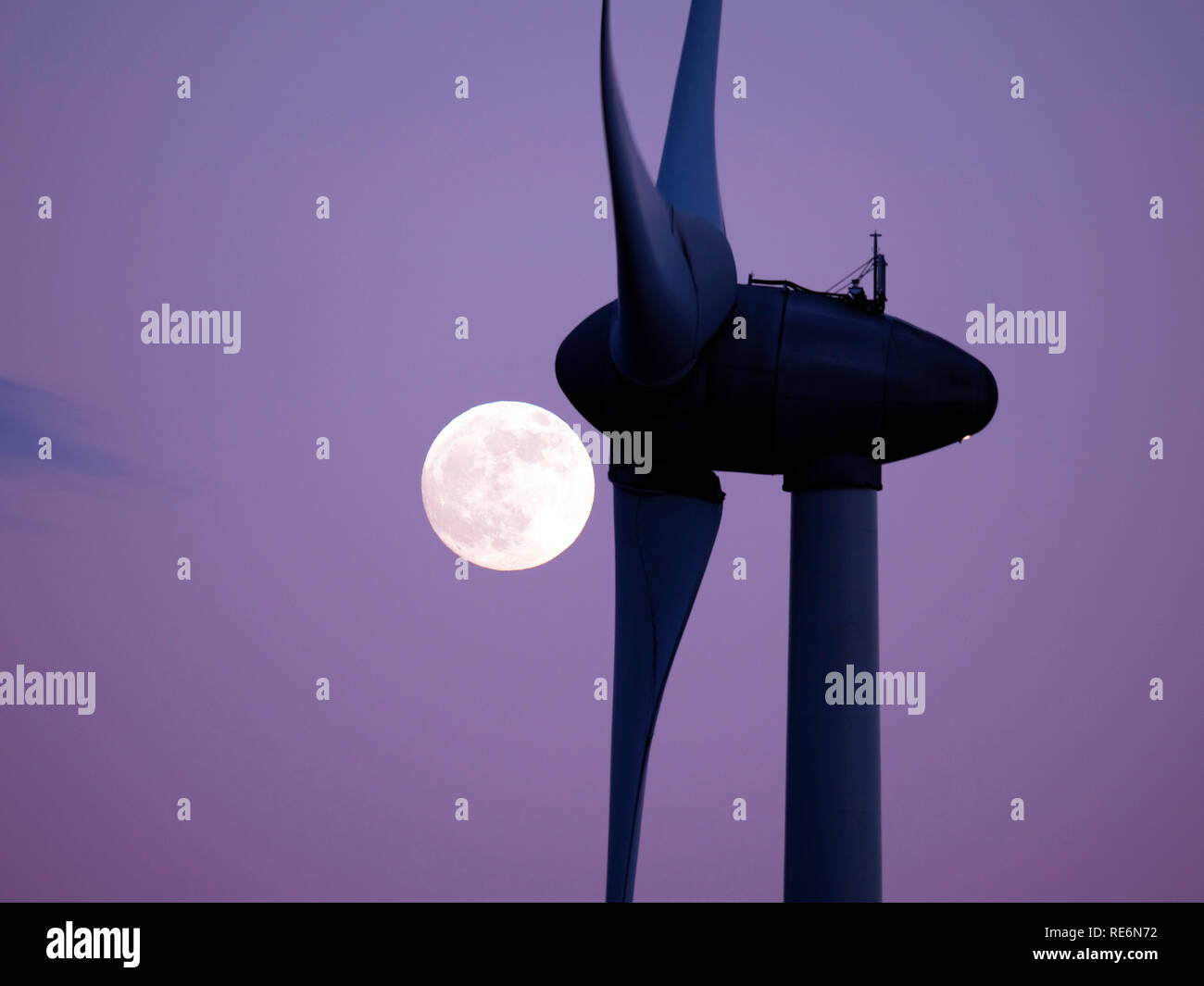Peak District, UK. 20th Jan, 2019. Full Blood Wolf Super Moon rising over wind turbines at Griffe Grange near Wirksworth, Derbyshire Dales, Peak District, UK Credit: Doug Blane/Alamy Live News Stock Photo