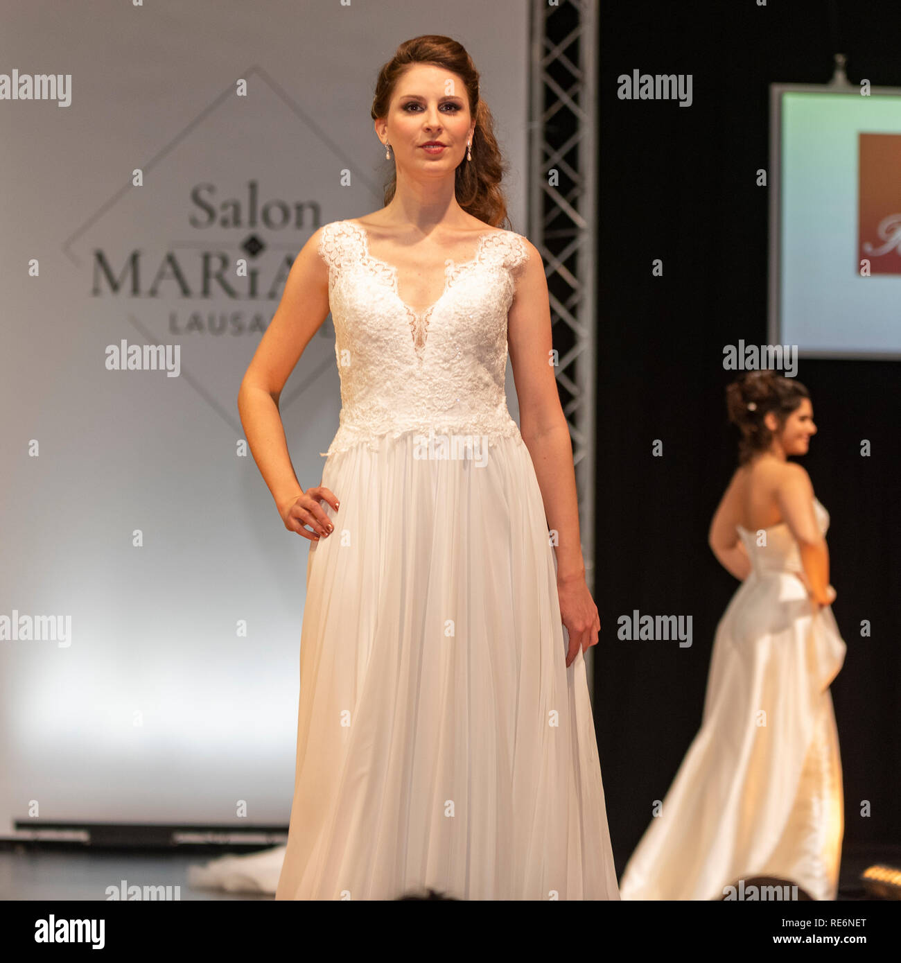 Lausanne, Switzerland. 20th Jan, 2019. Model wearing the new wedding solemn wedding dress collection 2019 at the Baulieu Expo in Lausanne, in Switzerland. Lausanne, Switzerland on the 20 th January, 2019. Credit: Eric Dubost/Alamy Live News. Stock Photo