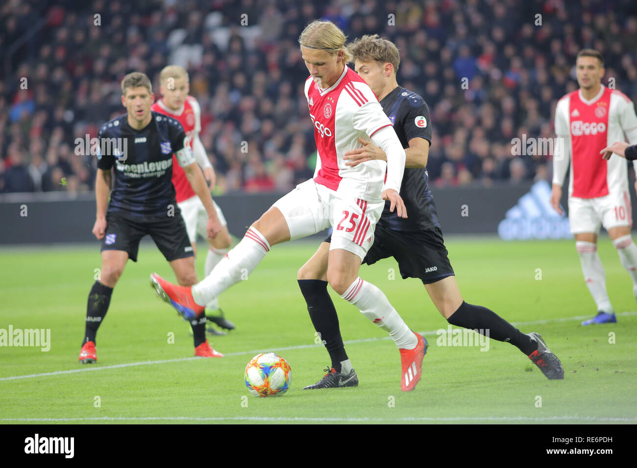 Amsterdam, Netherlands. 20th January 2019. Ajax attacker Kasper Dolberg kicks the ball during the game against Heerenveen for a match in the Dutch first division. Amsterdam, Netherlands, January 20, 2019. Credit: Federico Guerra Maranesi/Alamy Live News Stock Photo