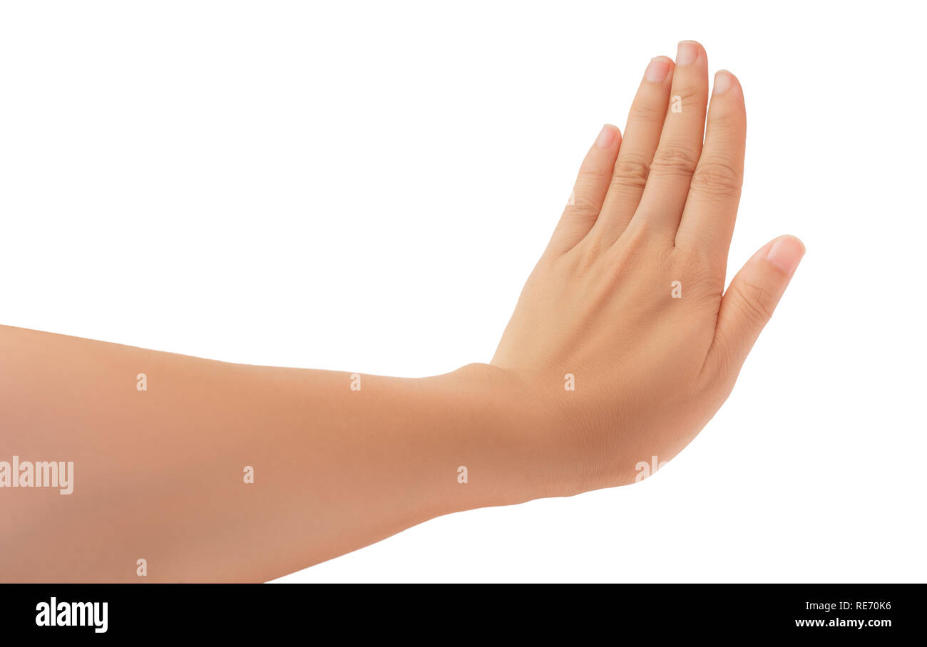 Human hand in reach out one's hand and showing 5 fingers gesture isolate on white background with clipping path, High resolution and low contrast for  Stock Photo