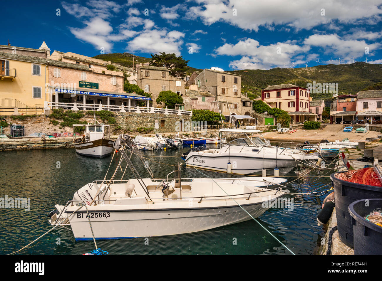Boats at marina in Centuri-Port in village of Centuri, Cap Corse, Corsica, France Stock Photo