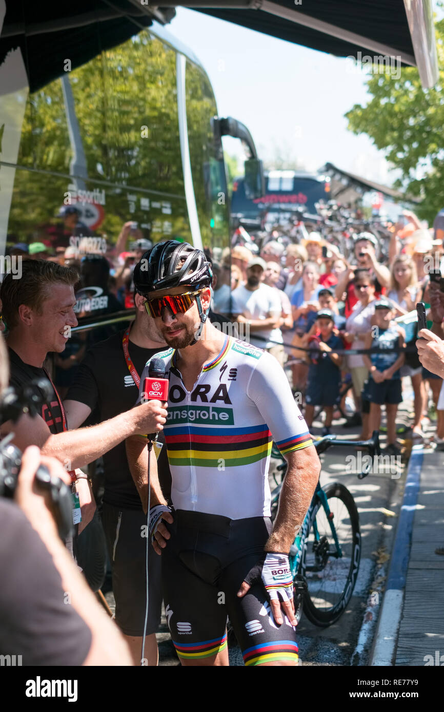 Marbella, Spain - August 26th, 2018. Peter Sagan from Bora Hansgrohe Cycling Team giving an interview before the start of the second round  of La Vuel Stock Photo