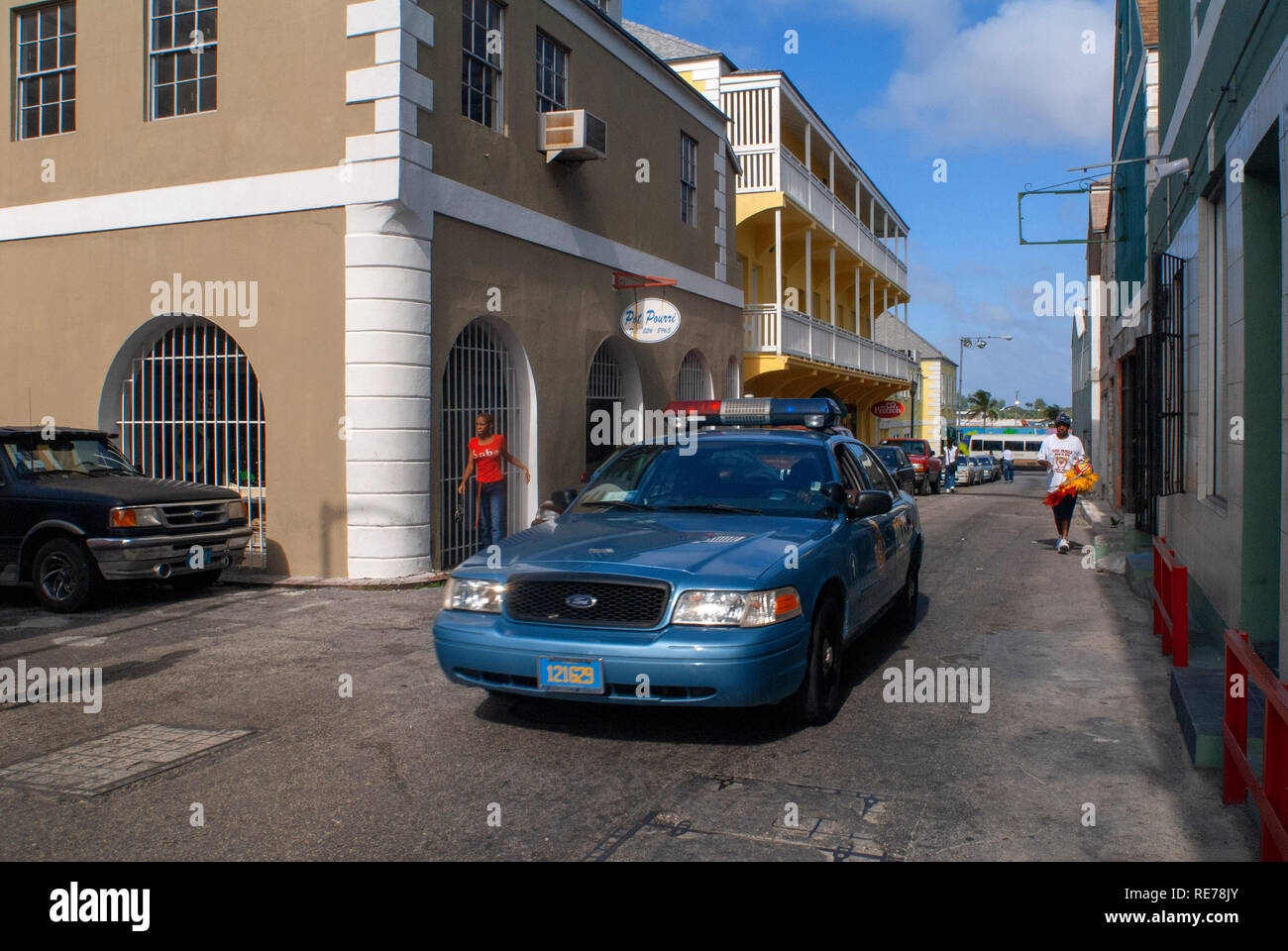 Police car in Old town in Nassau, Bahamas Stock Photo