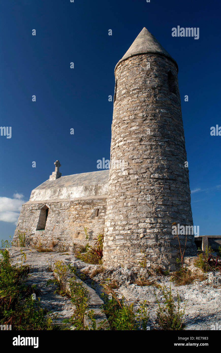 The Ermite small monastery at the top of Mount Alvernia on Cat island, over 63 meters, Bahamas. Mt. Alvernia Hermitage and Father Jerome's tomb atop C Stock Photo