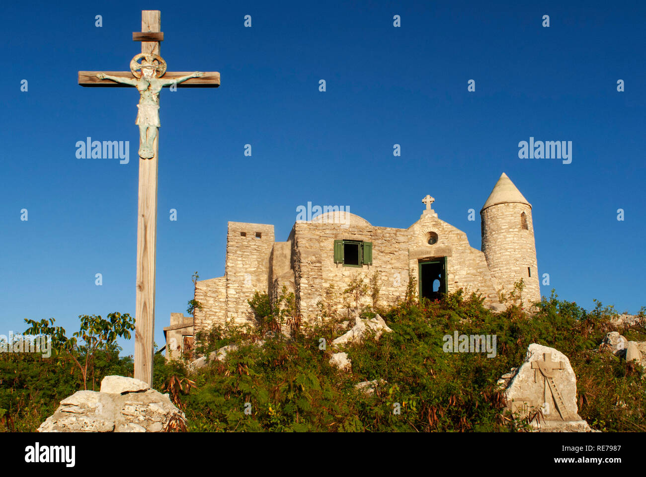 The Ermite small monastery at the top of Mount Alvernia on Cat island, over 63 meters, Bahamas. Mt. Alvernia Hermitage and Father Jerome's tomb atop C Stock Photo