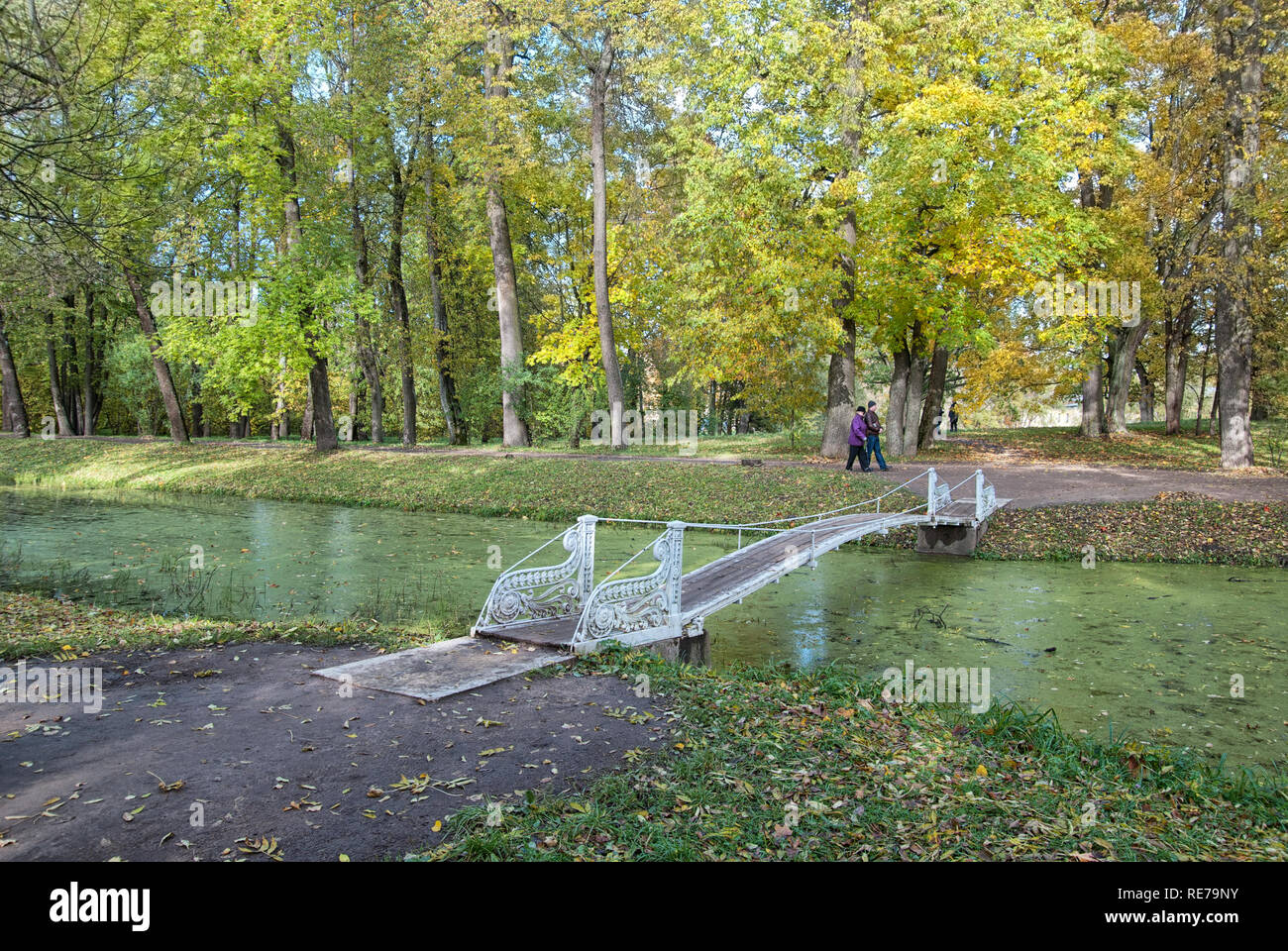 TSARSKOYE SELO, SAINT-PETERSBURG, RUSSIA – OCTOBER 8, 2018: People walk in The Alexander Park near Shaking (Hanging) Bridge over Krestovy Canal. Stock Photo