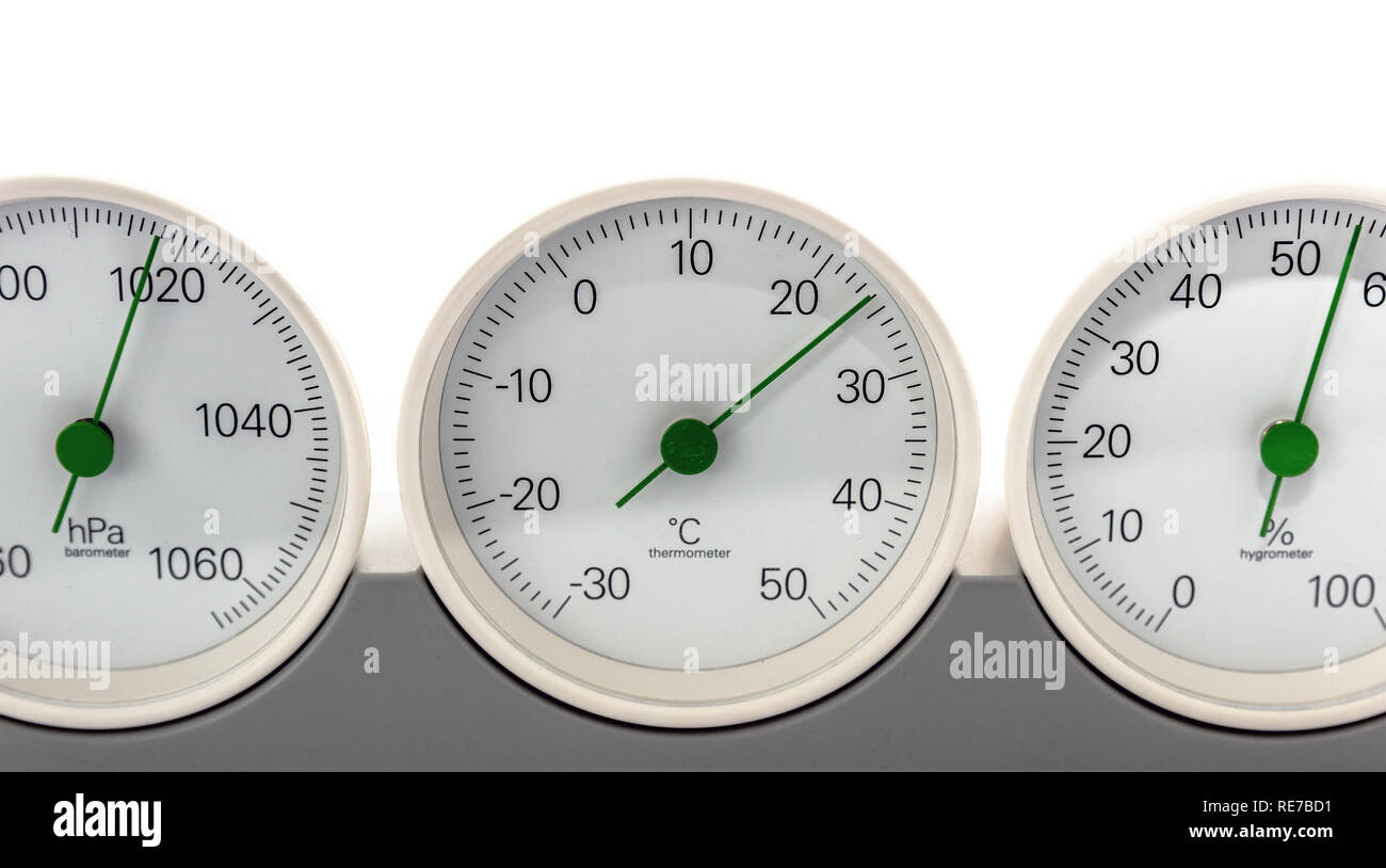 modern, round barometer, thermometer, hygrometer. Analog device for  measuring humidity, temperature and atmospheric pressure Stock Photo - Alamy