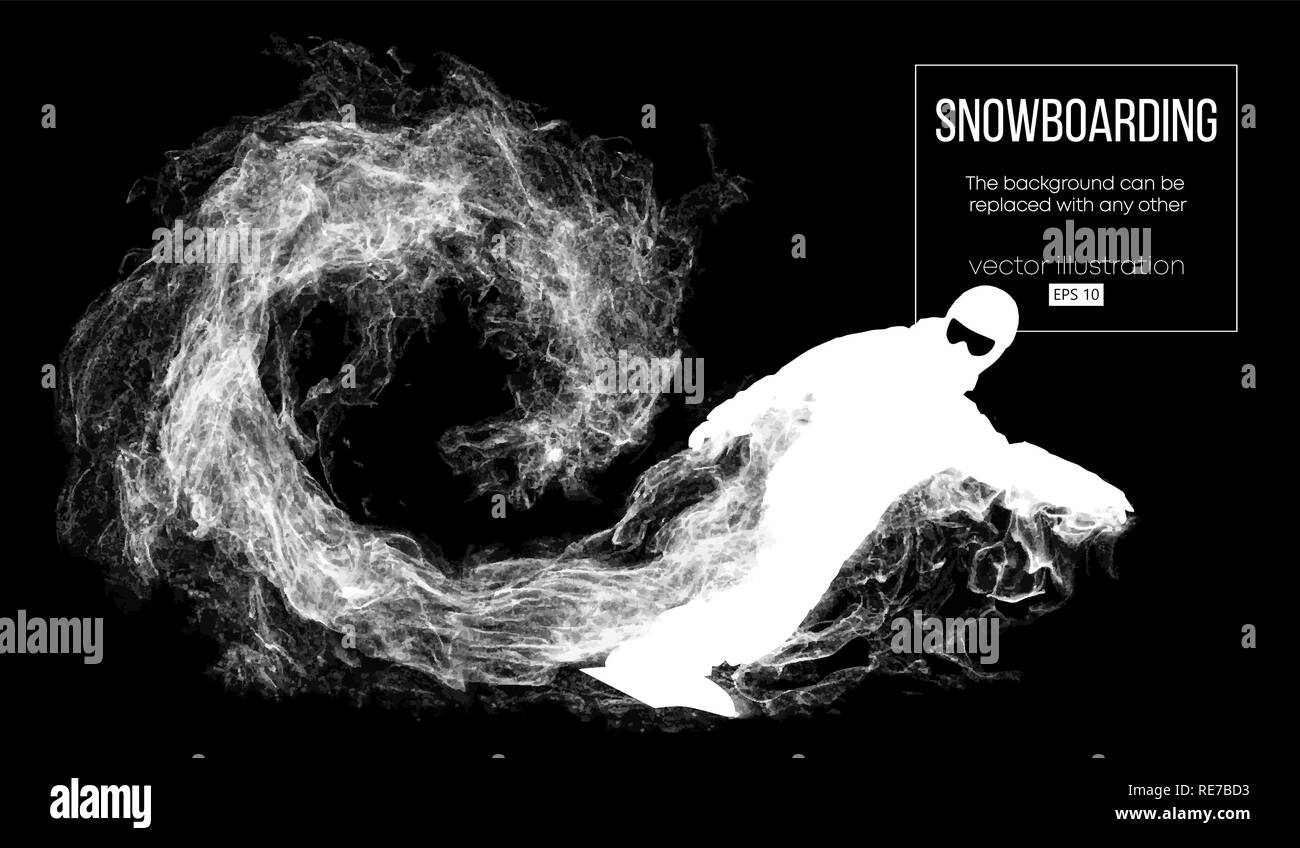 Abstract silhouette of a snowboarder jumping isolated on dark, black background from particles. Snowboarder jumping and performs a trick. Background can be changed to any other. Vector illustration Stock Vector
