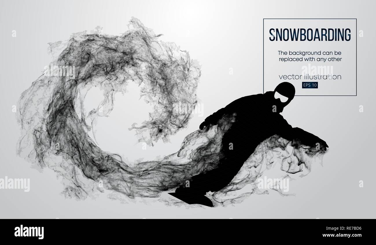 Abstract silhouette of a snowboarder jumping isolated on white background from particles. Snowboarder jumping and performs a trick. Background can be changed to any other. Vector illustration Stock Vector