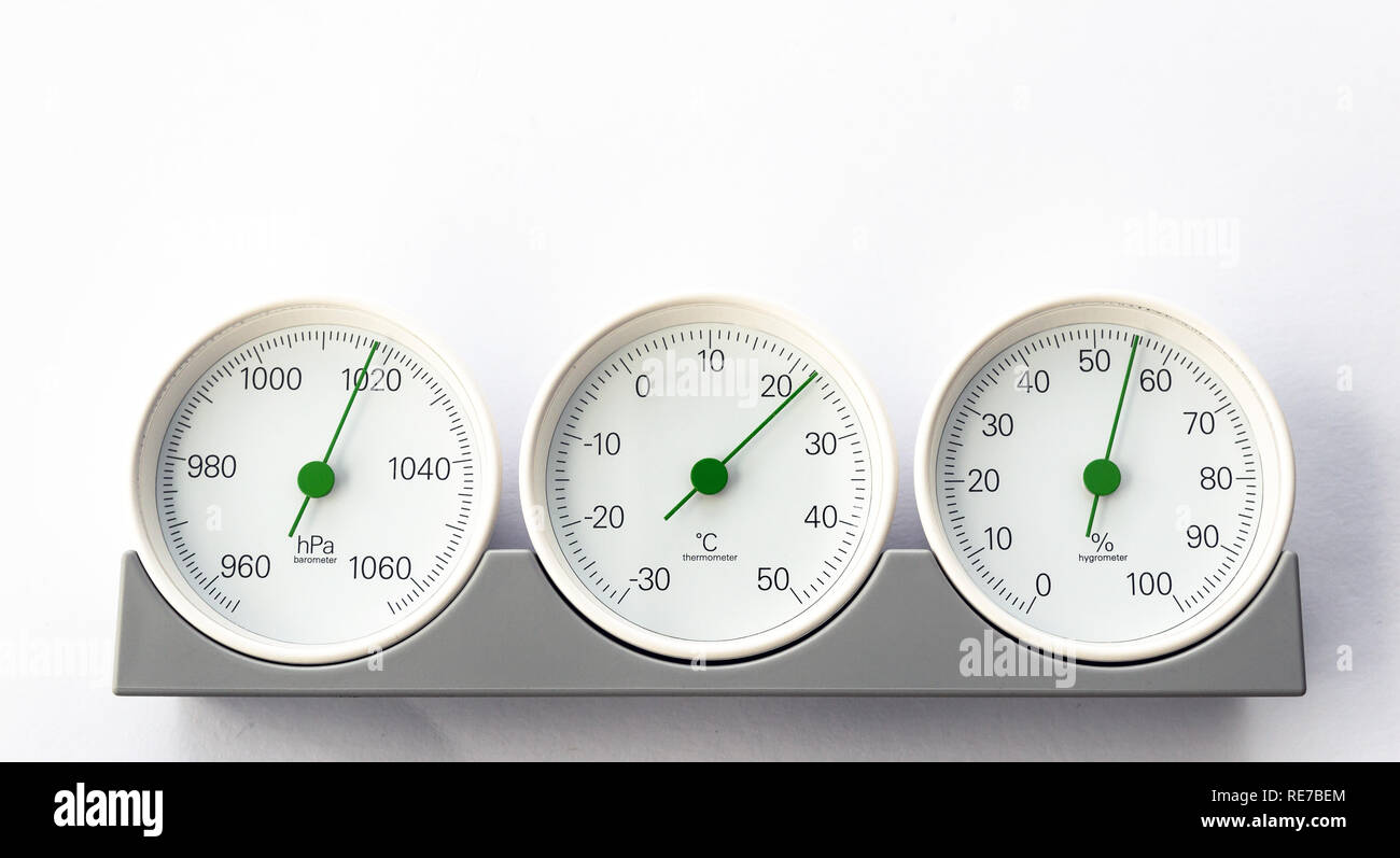 modern, round barometer, thermometer, hygrometer. Analog device for  measuring humidity, temperature and atmospheric pressure Stock Photo - Alamy