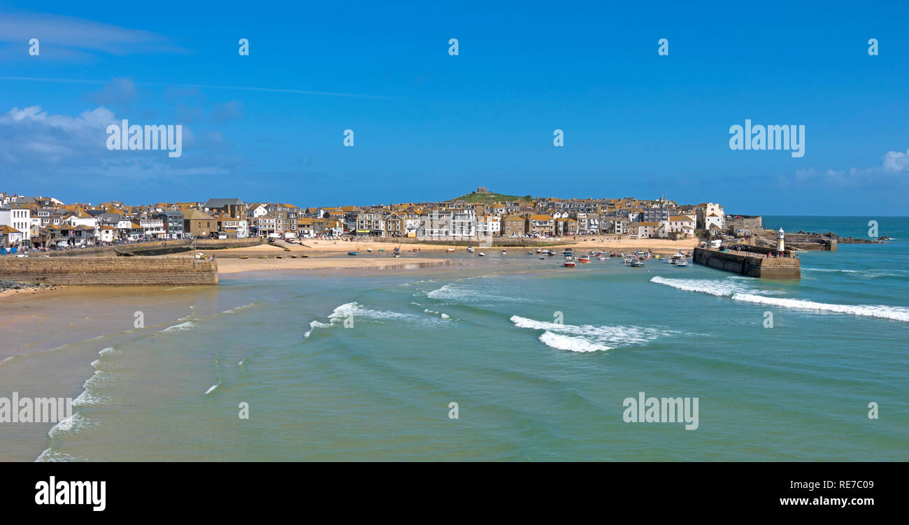 View of St.ives harbour Cornwall UK Europe at low tide from Crab rock near Pedn Olva St.ives Cornwall . Stock Photo
