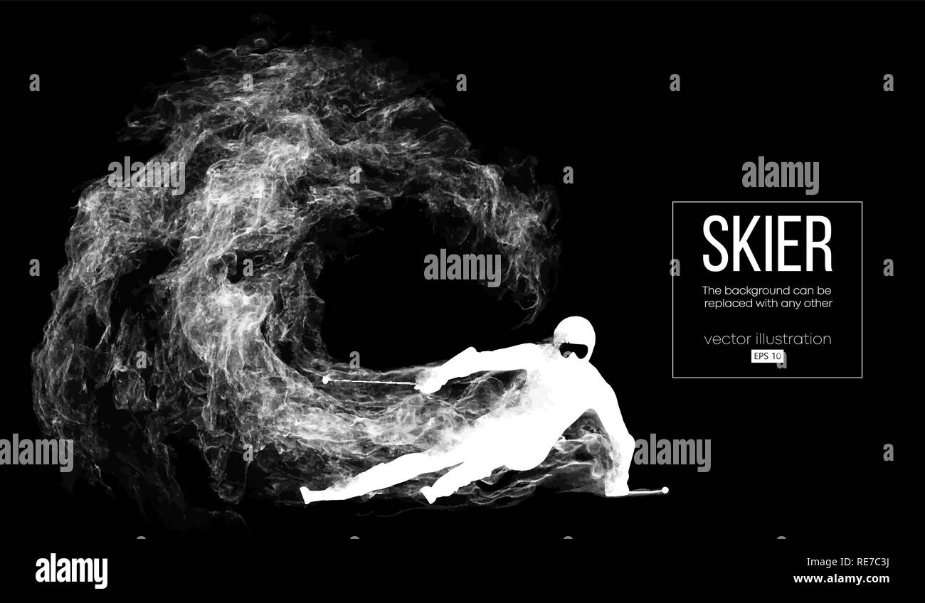 Abstract silhouette of a skier on dark, black background from particles, dust, smoke, steam. Skier carving and performs a trick. Background can be changed to any other. Vector illustration Stock Vector