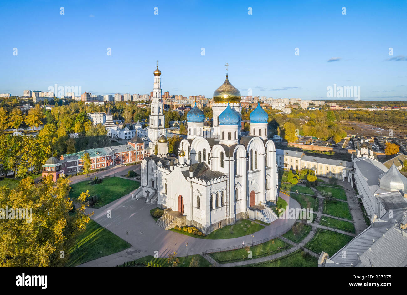 Aerial view of Transfiguration Cathedral in Ugresha Monastery, Dzerzhinsky, Moscow oblast, Russia Stock Photo